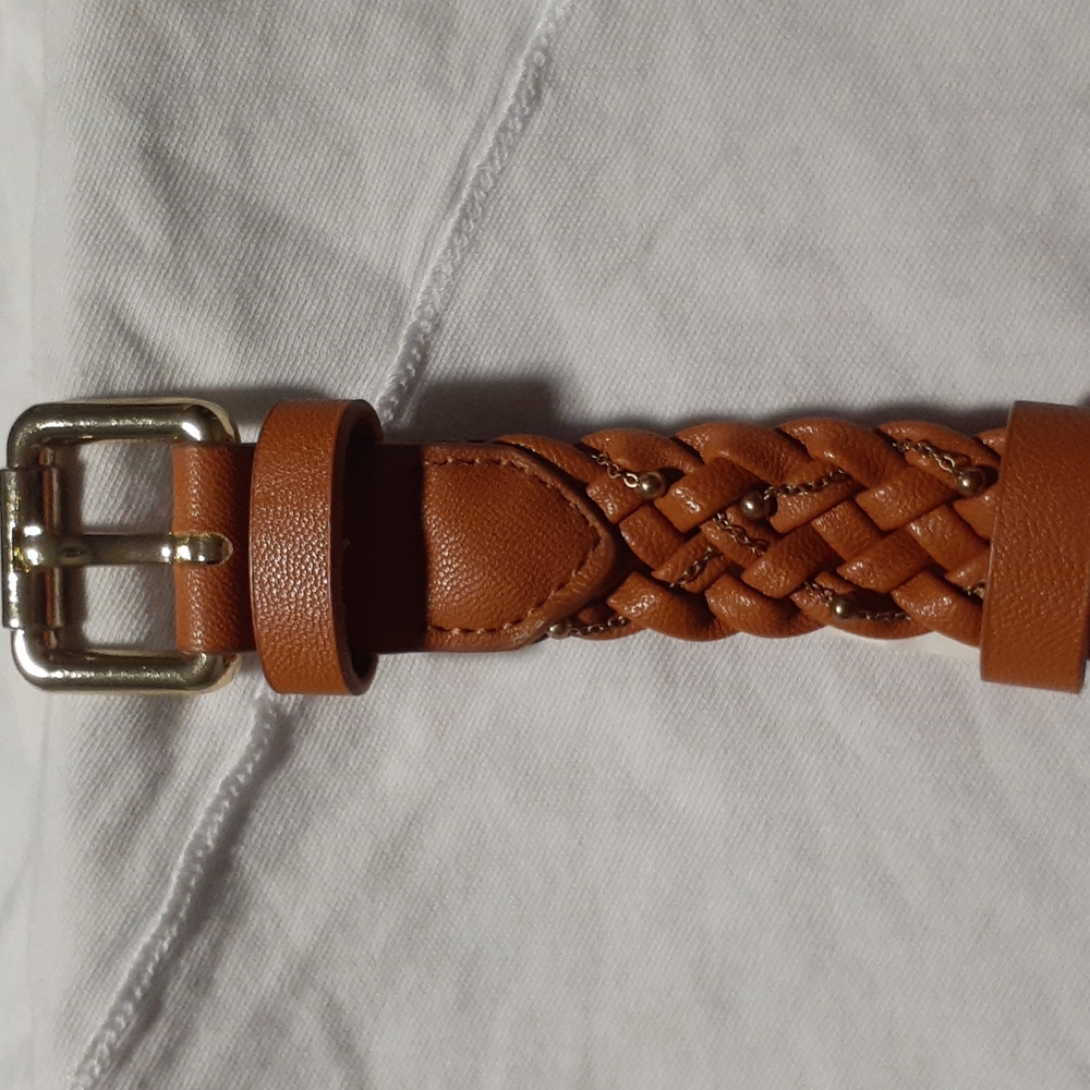 NWT Braid goldtone chain and metal beads leather belt